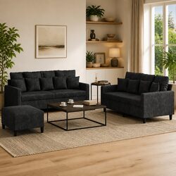 Three-Piece Sofa Set in Black Velvet with Footstool