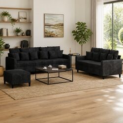 3 Piece Black Velvet Sofa Set with Footstool