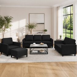 4 Piece Sofa Set in Black Faux Leather with Footstool