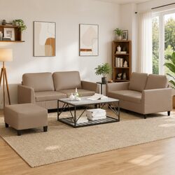 Brown Faux Leather 3 Piece Sofa Set with Footstool