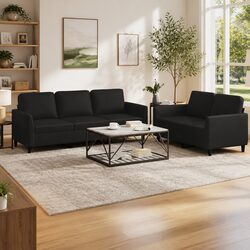 2 Piece Black Faux Leather Sofa Set with Cushions