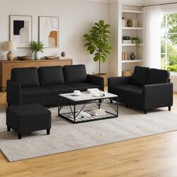 3 Piece Sofa Set with Cushions and Footstool in Black
