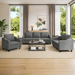 3 Piece Sofa Set with Cushions – Grey Fabric Details