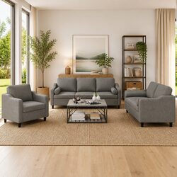 3 Piece Grey Fabric Sofa Set with Plywood Frame