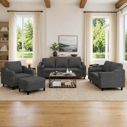Compact 4 Piece Sofa Set with Grey Fabric Upholstery
