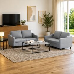 Durable 2-Piece Sofa Set in Grey Fabric with Cushions
