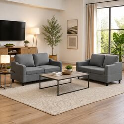 2 Piece Lounge Suite in Grey Fabric with Cushioned Seating