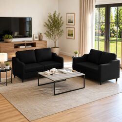 2 Piece Black Fabric Sofa Set with Cushions for Everyday Use
