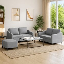 Durable 3 Piece Grey Fabric Sofa Set with Footstool
