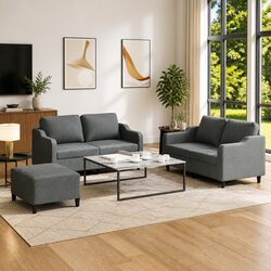3-Piece Sofa Set in Dark Grey Fabric with Footstool