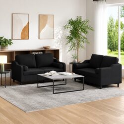 Sturdy 2 Piece Black Fabric Sofa Set with Pillows