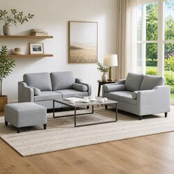 Grey Fabric 3 Piece Sofa Set with Cushions and Footstool