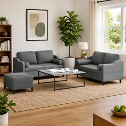 3 Piece Sofa Set: Grey Fabric with Footstool and Pillows