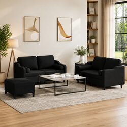 3 Piece Sofa Set in Black Fabric: Durable & Functional