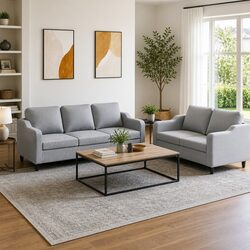 Durable 2 Piece Sofa Set with Grey Fabric Upholstery