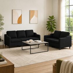 2 Piece Black Fabric Sofa Set with Cushions