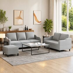 Compact 3 Piece Sofa Set in Grey Fabric with Footstool