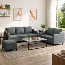 3 Piece Sofa Set with Footstool in Grey Fabric