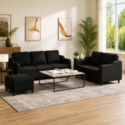 3 Piece Sofa Set with Black Fabric and Footstool