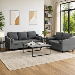 2 Piece Sofa Set with Pillows, Grey Fabric Construction