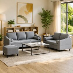 Durable 3-Piece Sofa Set with Footstool in Grey