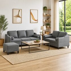 3 Piece Sofa Set with Footstool and Pillows in Grey Fabric