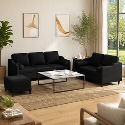 3 Piece Black Fabric Sofa Set with Roll Pillows and Footstool