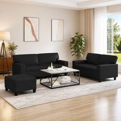 Compact 3 Piece Sofa Set with Footstool in Black Faux Leather