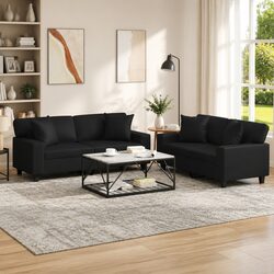 2 Piece Black Sofa Set with Durable Faux Leather and Pillows