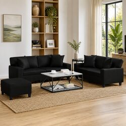 3 Piece Black Faux Leather Sofa Set with Throw Pillows