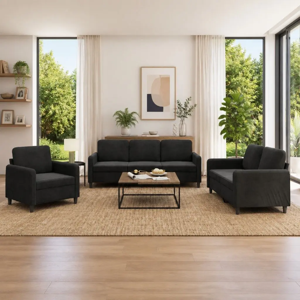 Sofa Set Soft Velvet 3 Piece Black