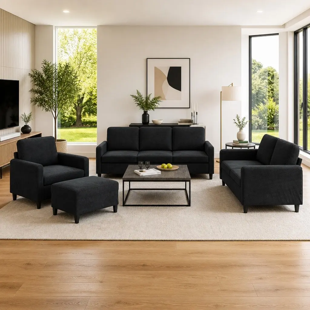 4 Piece Sofa Set Comfort Compact Black Velvet