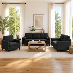 Black Velvet 3 Piece Sofa Set with Roll Pillows