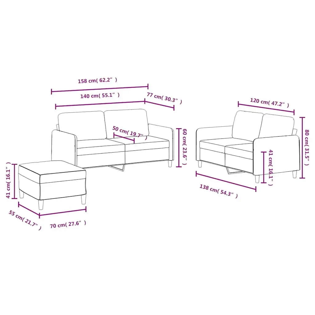 3 Piece Sofa Set Black Velvet Living Room Furniture Couch Footstool Lounger