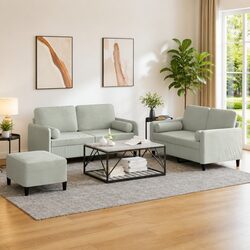 3 Piece Sofa Set in Grey Velvet with Footstool and Pillows