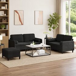 3 Piece Sofa Set with Pillows and Footstool in Black Velvet