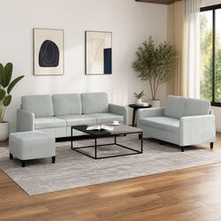 Stylish Modern Grey Velvet 3 Piece Sofa Set with Footstool