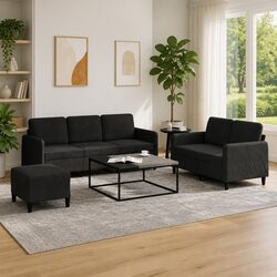 3-Piece Black Velvet Lounge Suite with Footstool
