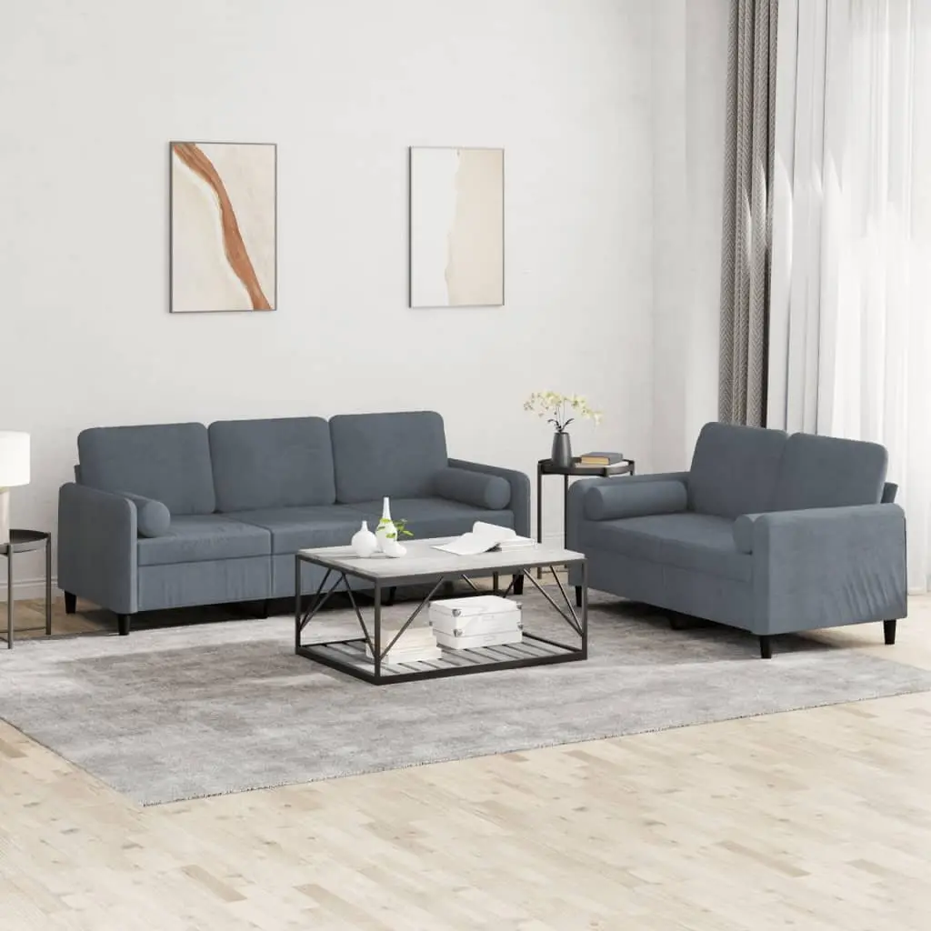 2 Piece Sofa Set Grey Velvet Couch Lounge Suite with Pillows Living Room