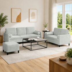 3 Piece Sofa Set in Grey Velvet with Footstool and Pillows