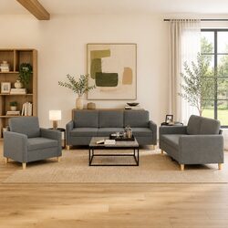 Durable 3 Piece Sofa Set in Dark Grey Fabric
