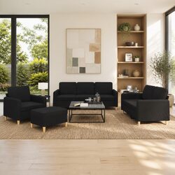 4 Piece Sofa Set in Black Fabric with Footstool and Cushions