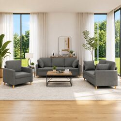 Grey Fabric 3 Piece Sofa Set with Pillows for Living Room