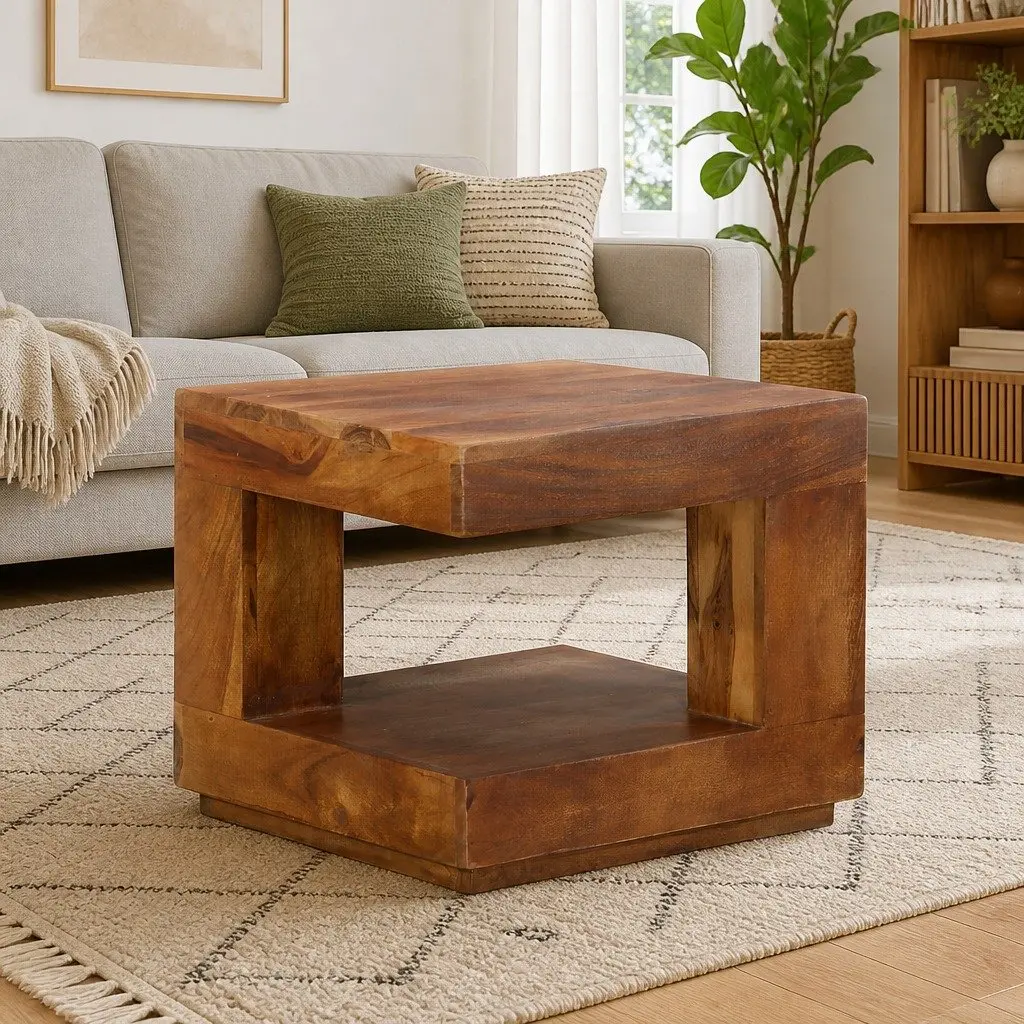 Solid Acacia Wood Coffee Table with Storage Shelf Vintage Style Brown 45x45x40 cm