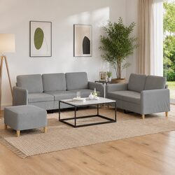 3 Piece Sofa Set in Grey Fabric with Footstool and Cushions