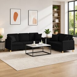 2 Piece Sofa Set in Black Fabric with Throw Pillows