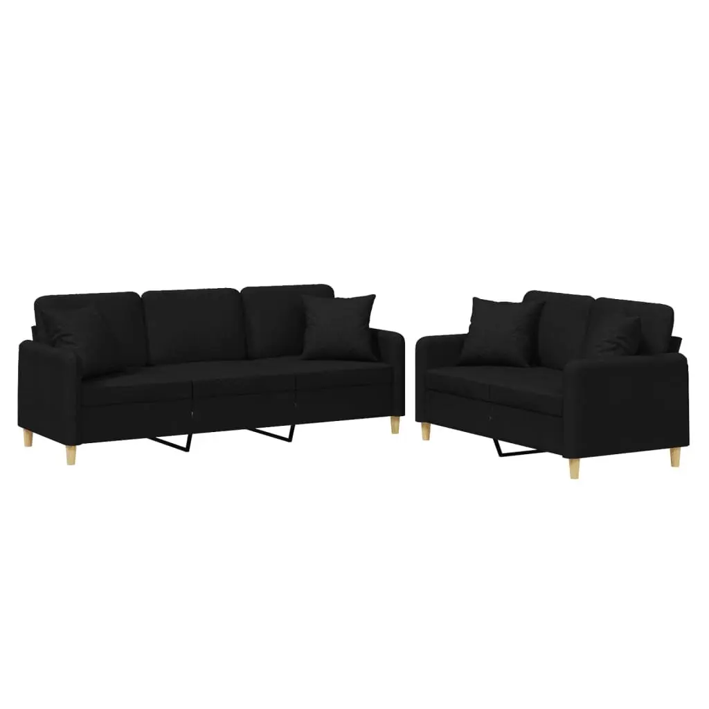 2 Piece Sofa Set Black Fabric Couch Living Room Furniture with Throw Pillows