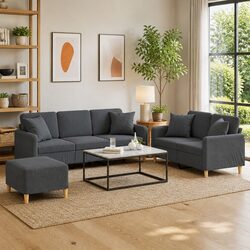 3 Piece Sofa Set in Grey Fabric with Footstool and Pillows