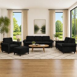 4 Piece Sofa Set with Cushions and Footstool in Black Velvet