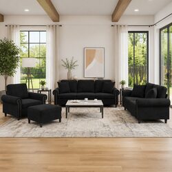 4 Piece Sofa Set: Black Velvet, Pillows and Footstool
